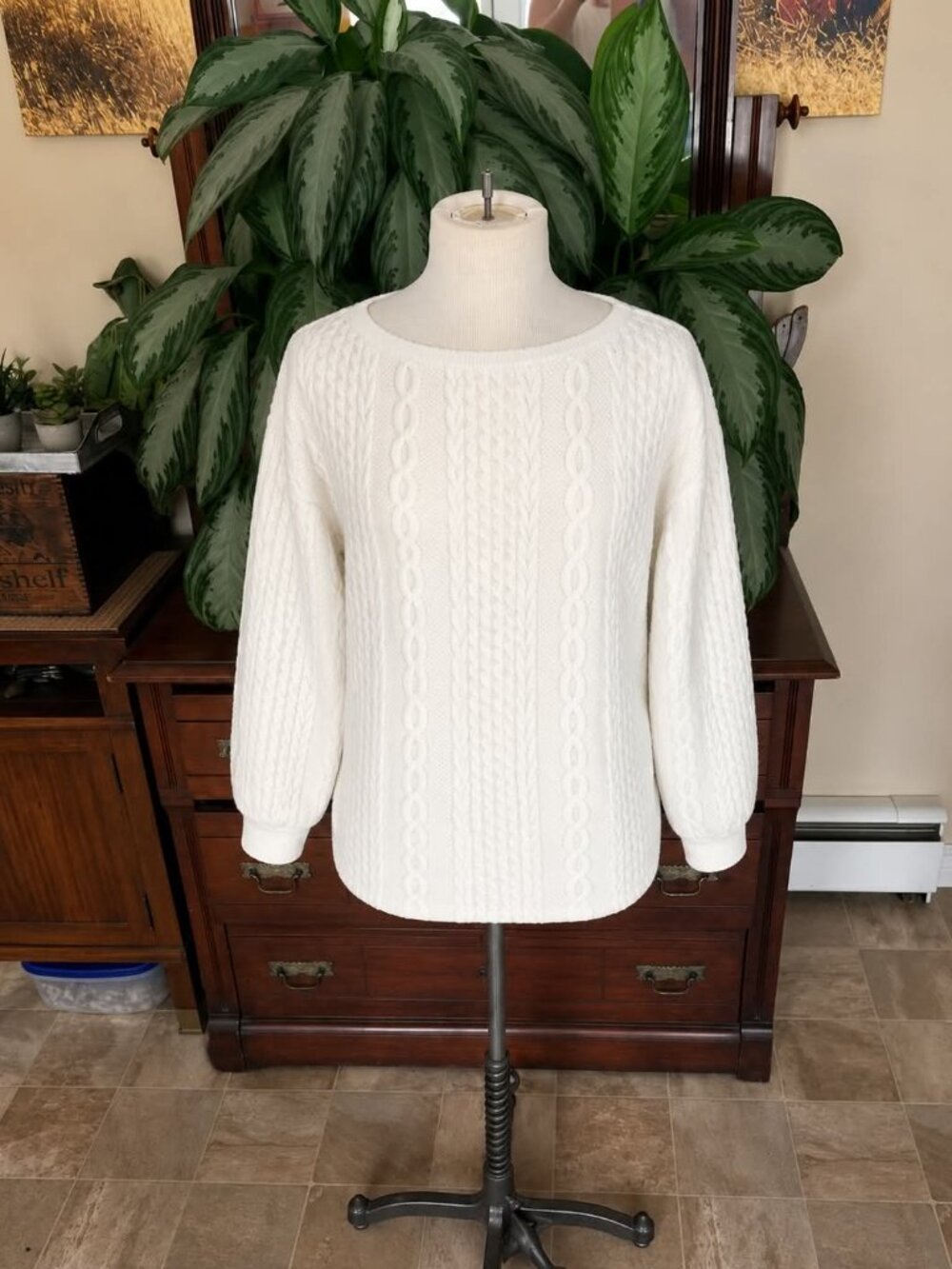 Ivory Mock Cable Knit Crew Neck Sweater XL #011